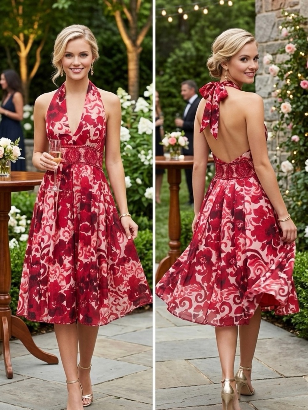 Adrianna Papell Silk Blend Red Floral Halter Backless Tea-Length Dress Small Fit
